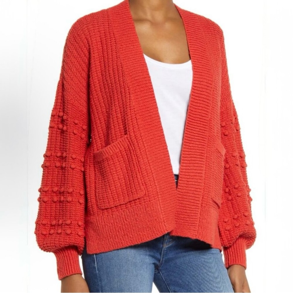 Madewell Bobble Knit Cotton Cardigan Kilt Red Balloon Sleeve Womens XS
